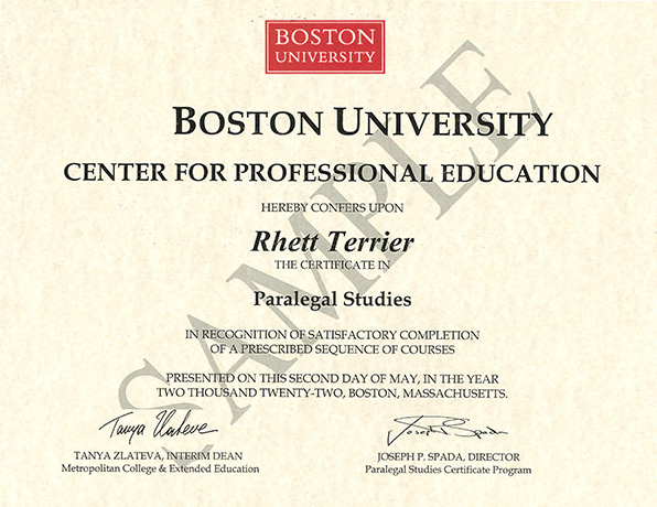 Boston University Certificate Sample